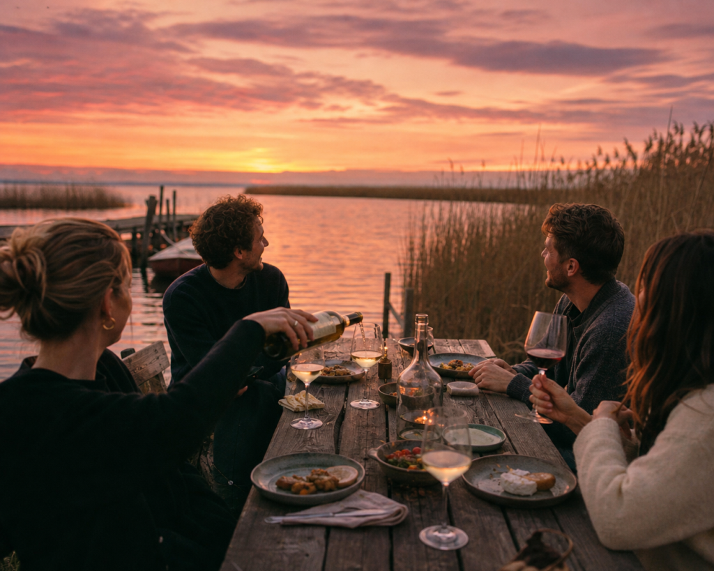 Freunde mit Wein am Steg im Schilf des Neusiedler Sees bei Sonnenuntergang