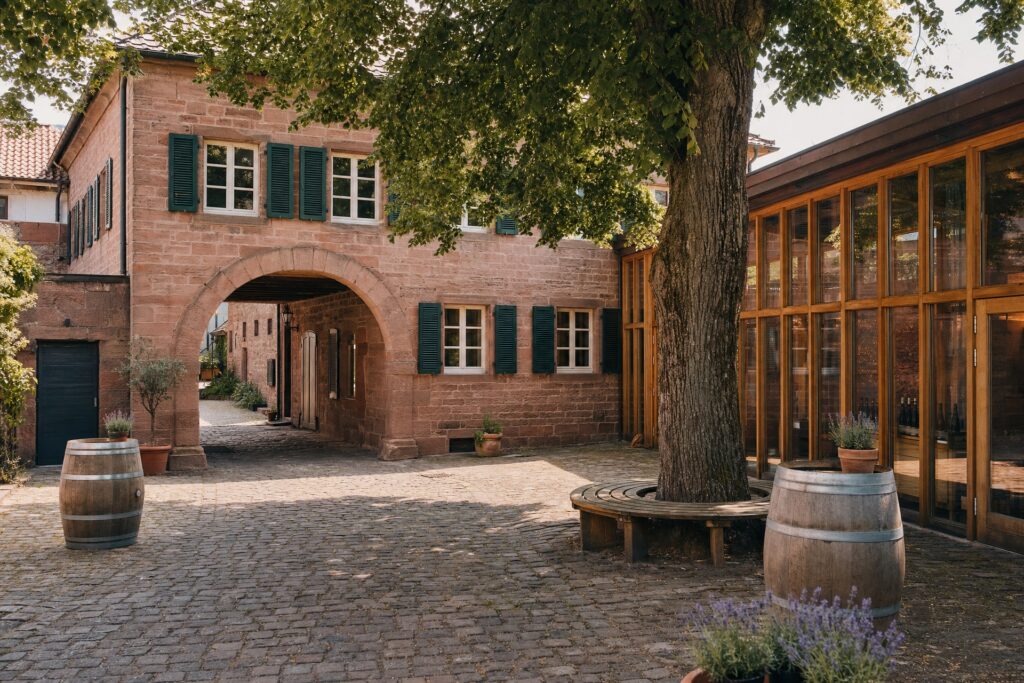 Innenhof des Weinguts Lindenkamm mit Sandsteinhaus, Torbogen, Linde und Vinothek