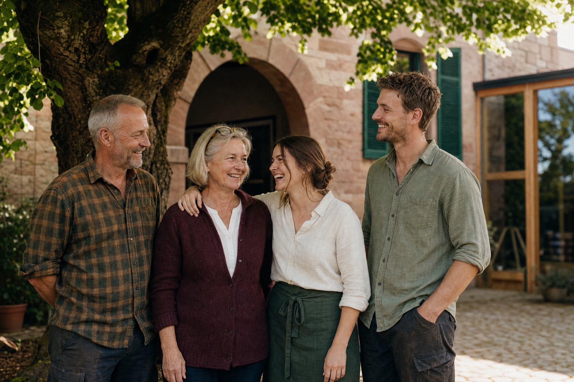 Familie Lindenkamm im Innenhof unter der Linde: Matthias, Eva, Johanna und Lukas