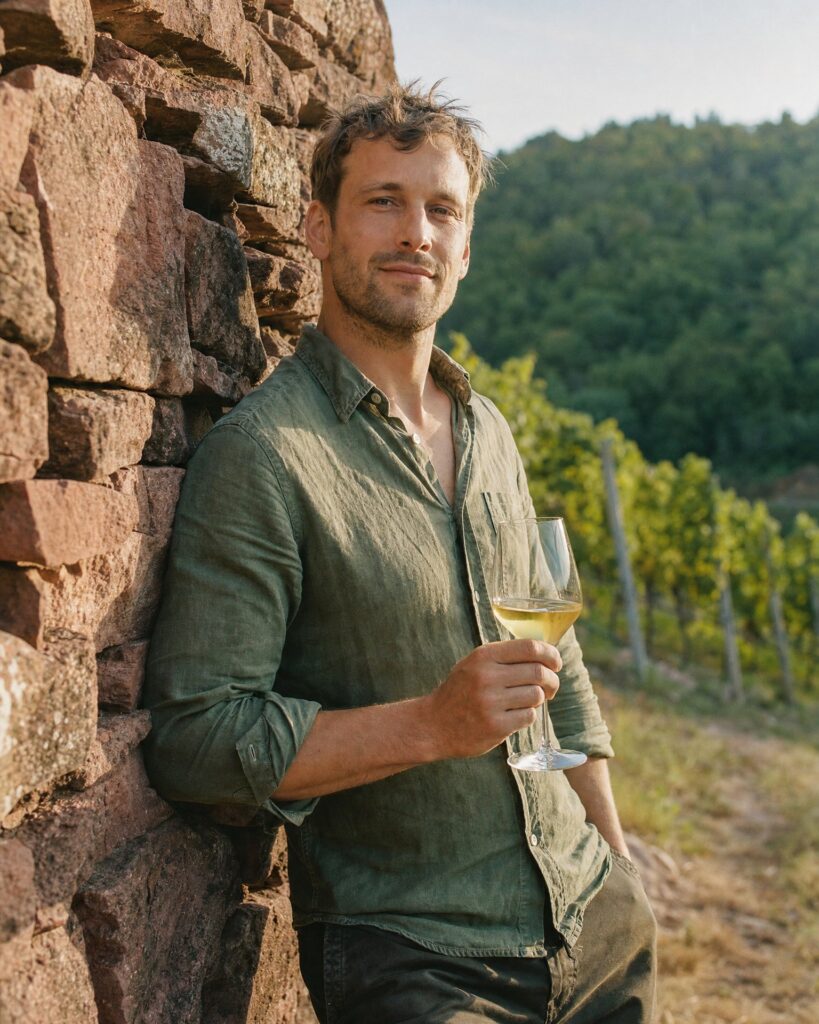 Lukas Lindenkamm mit einem Glas Riesling an der Sandsteinmauer im Weinberg