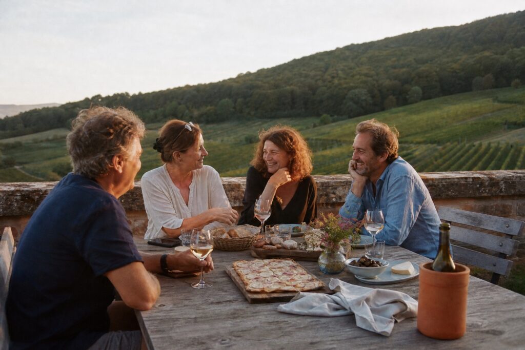Freunde bei Wein und Flammkuchen auf einer Terrasse über den Weinbergen